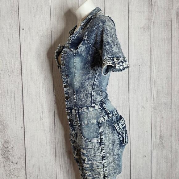 Y2K Acid Wash Distressed Denim Jumpsuit w Cut-outs, Bows & Woven Accents, sz 5 - Picture 8 of 14
